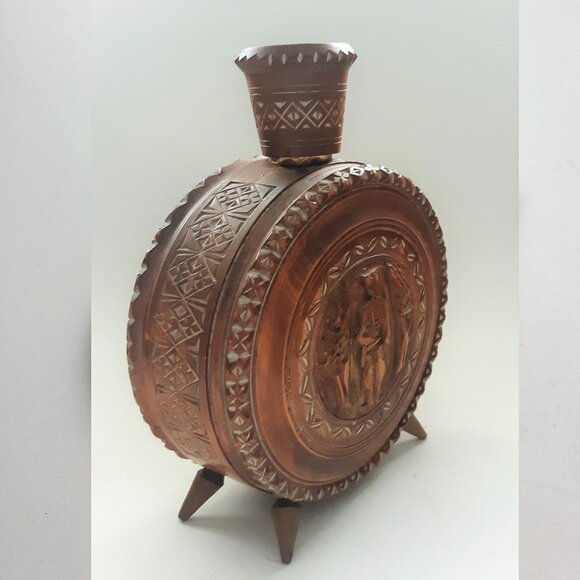 VTG Hand Carved Wooden Flask Canteen Bottle Decanter Rare - Picture 5 of 11